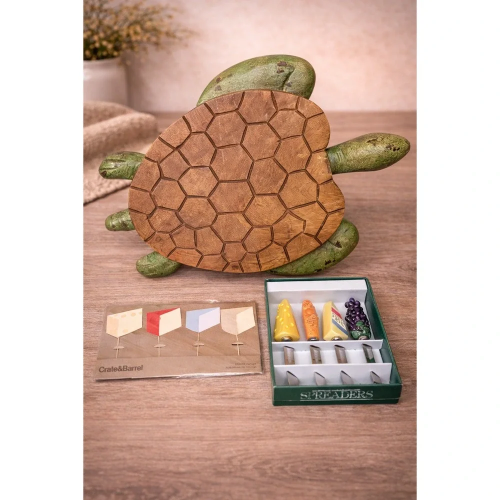 Pottery Barn Turtle Cheese Board Wood Charcuterie w Spreaders & Flags‎ RARE!